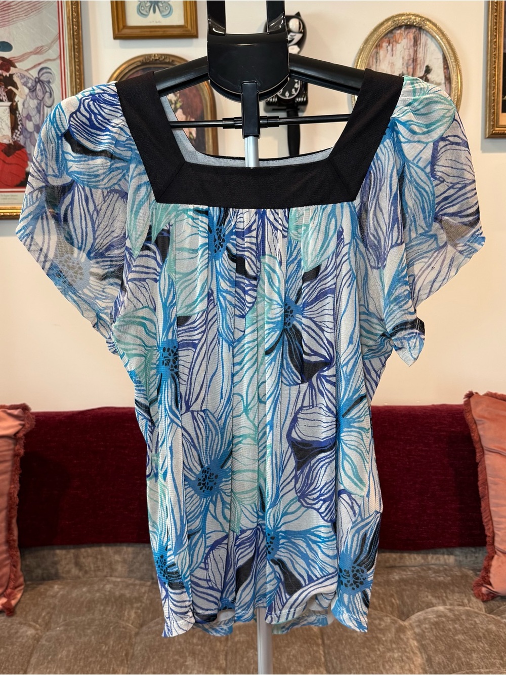 Fashion Bug Y2K Floral Blue Mixed-Print Square-Neck Women’s Top